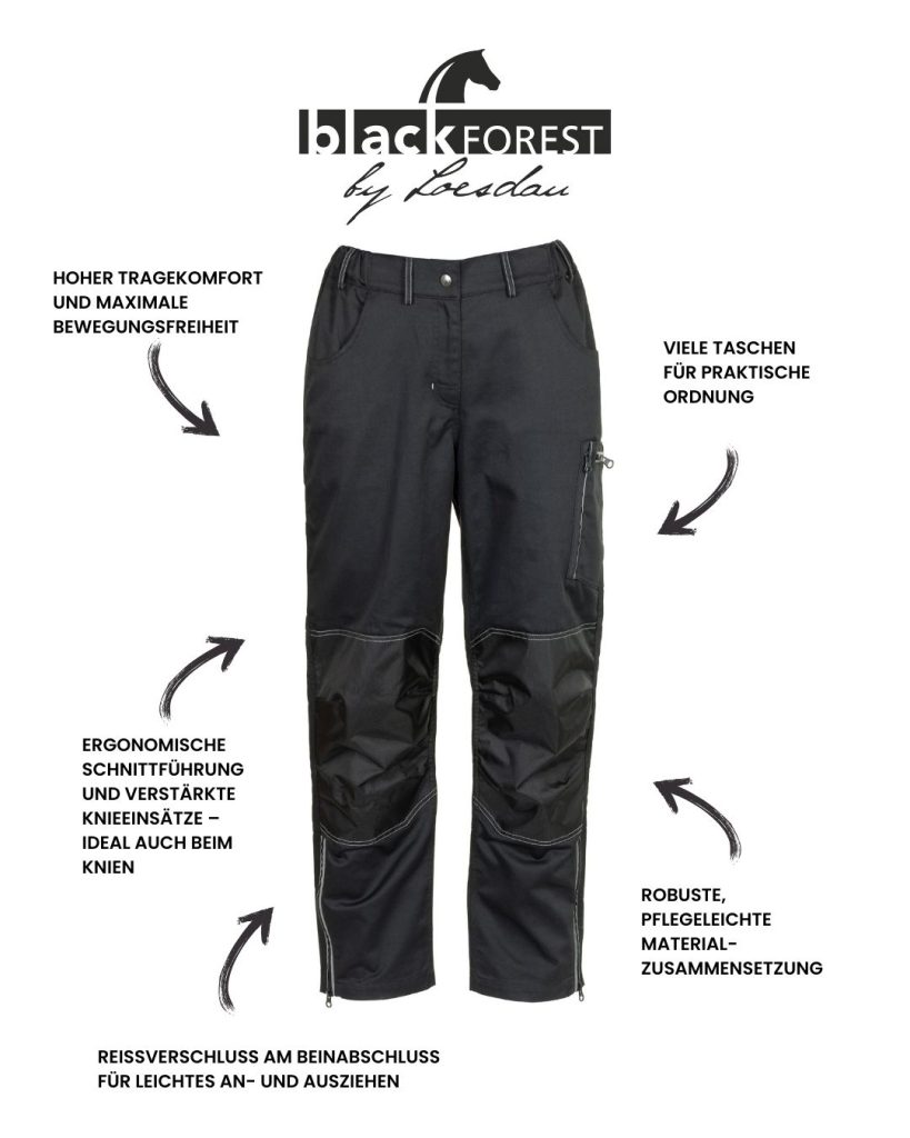 Entdecke die black forest Arbeitshose Damen: robust, bequem und funktional mit praktischen Taschen. Perfekt für Stall, Hof oder Handwerk.