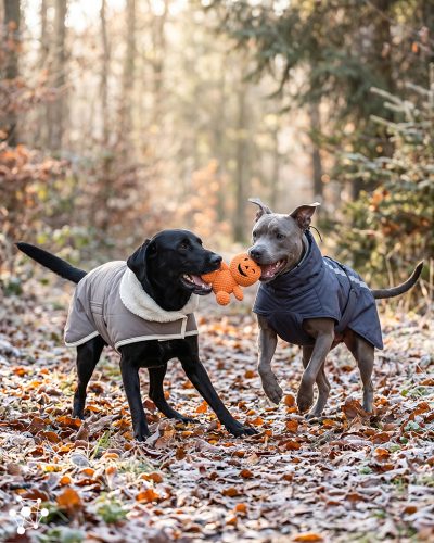 Zwei Hunde tragen Hundemäntel und spielen im Herbstwald mit einem orangen Spieglzeug.